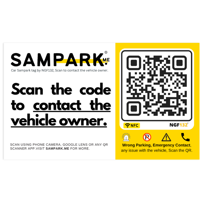 Sampark QR vehicle contact tag — scan the code to contact the vehicle owner